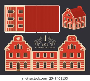 Old building in classic baroque style with red wall. Vector mockup for paper. Cute vintage christmas toy house