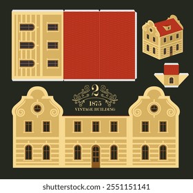 Old building in classic baroque style with red roof and yellow walls. Vector mockup for paper. Cute vintage christmas toy house