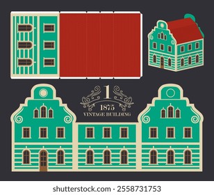 Old building in classic baroque style with green wall. Vector mockup for paper. Cute vintage christmas toy house