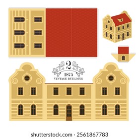 Old building in classic baroque style with red roof and yellow walls. Vector mockup for paper. Cute vintage christmas toy house