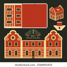 Old building in classic baroque style with red wall. Vector mockup for paper. Cute vintage christmas toy house