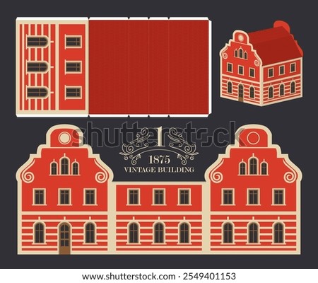 Old building in classic baroque style with red wall. Vector mockup for paper. Cute vintage christmas toy house