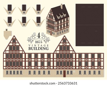 Old building in classic German style with tiled roof. Vector mockup for paper. Cute vintage christmas toy house