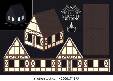 Old building in classic German style with tiled roof. Vector mockup for paper. Cute vintage christmas toy house-lamp or flashlight