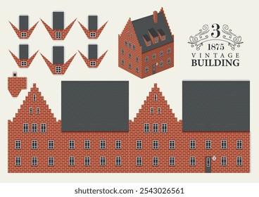 Old building in classic style made of red brick. Vector mockup for paper. Cute vintage toy house