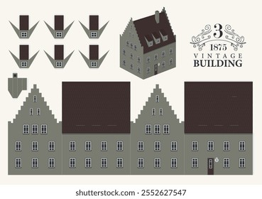 Old building in classic style made of grey brick. Vector mockup for paper. Cute vintage Christmas toy house