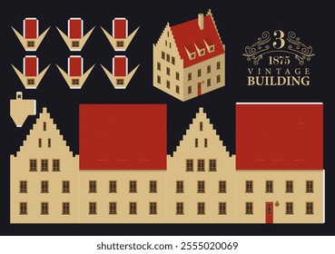 Old building in classic style made of yellow brick. Vector mockup for paper. Cute vintage Christmas toy house