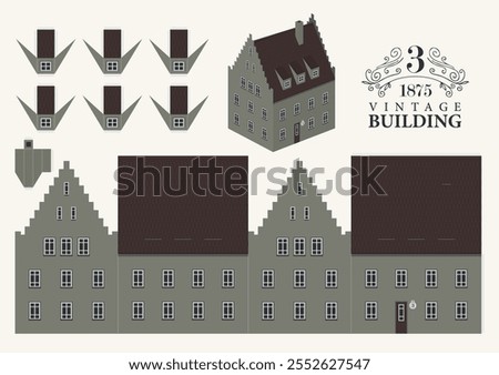 Old building in classic style made of grey brick. Vector mockup for paper. Cute vintage Christmas toy house