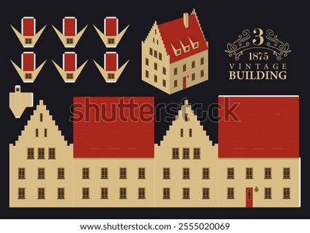 Old building in classic style made of yellow brick. Vector mockup for paper. Cute vintage Christmas toy house
