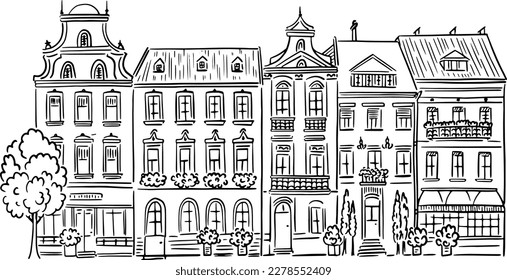 An old building drawn. Linear illustration.