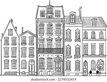 An old building drawn. Linear illustration.