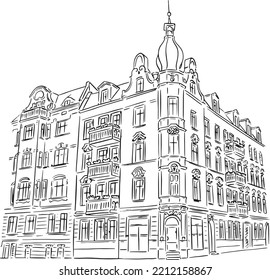Un viejo edificio dibujado en perspectiva. Ilustración lineal.