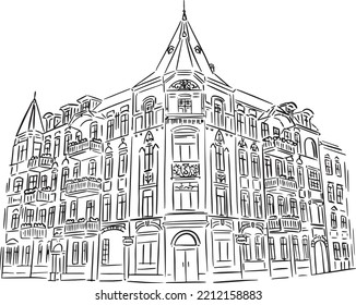 An old building drawn in perspective. Linear illustration.