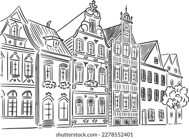 An old building drawn in perspective. Linear illustration.