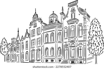 An old building drawn in perspective. Linear illustration.