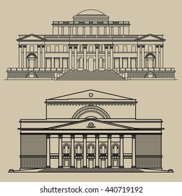 Old Building Facade Drawing Set Theater Architecture Palace Outline