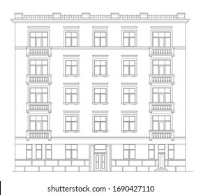 Old Building Facade. Front View. Technical Vector Illustration. Urban Architecture