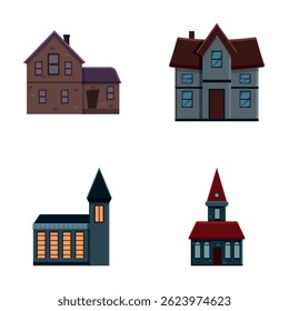 Old building icons set cartoon vector. Various dwelling in bad condition. Architecture theme