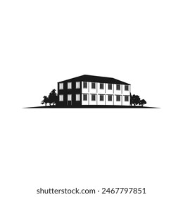 old building logo with yard and trees