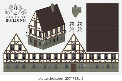 Old building mockup  in classic German style with tiled roof. Vector model kits for paper. Cute vintage christmas toy house