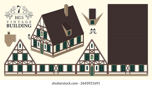 Old building model in classic European German or Bavarian style with tiled roof. Vector paper cutout mockup sets. Cute old vintage Christmas toy house. No AI used