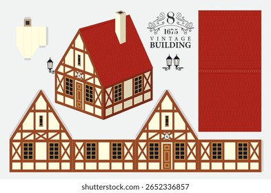 Antigo modelo de construção em estilo clássico alemão europeu ou bávaro com telhado de azulejos. Conjuntos de modelos de recorte de papel vetorial. Bonito velho vintage casa de brinquedos de Natal. Nenhuma IA usada
