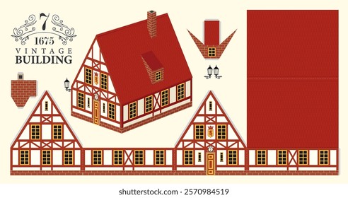 Old building model in classic German style with tiled roof. Vector mockup kits for paper. Cute vintage christmas toy house