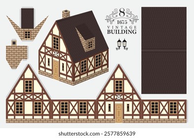 Old building model in classic German style with tiled roof. Vector mockup kits for paper. Cute vintage christmas toy house