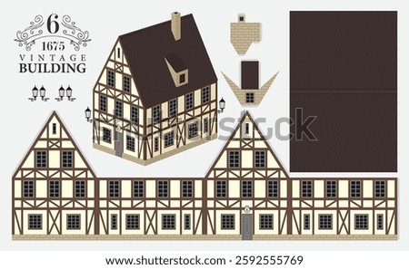 Old building model in classic German style with tiled roof. Vector mockup kits for paper. Cute vintage christmas toy house