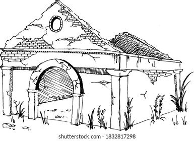 Old building ruin vector line art