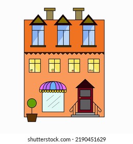An old building with a showcase in a cartoon style. Three floors. Home, shop, hotel. Vector illustration.