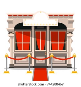 The old building of the theater with a solemn fence, a red carpet and a place for an inscription. Vector illustration isolated on white background.