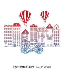 old buildings with balloons air and bicycle cityscape scene
