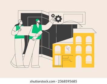 Modernización de edificios antiguos abstracta concepto de ilustración vectorial. Construcción de servicios, soluciones de modernización de la construcción, aislamiento de edificios históricos, metáfora abstracta del equipo de diseño.