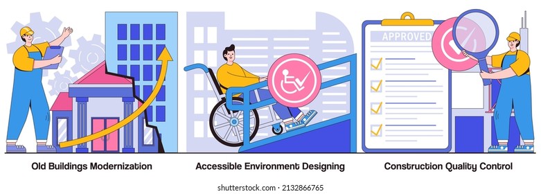 Modernización de edificios antiguos, diseño de ambiente accesible, conceptos de control de calidad de construcción con personajes de personas. Paquete de ilustraciones vectoriales de construcción y renovación. Metáfora de reconstrucción.