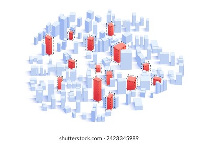 Old buildings modernization, building up service, construction modernization solutions concept. Red highlighted commercial buildings office skyscrapers. Vector illustration isolated on white