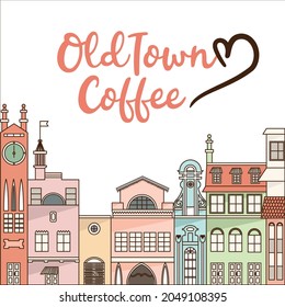 Old buildings set Gdansk, Poland  historical center houses illustration Coffee logo type.