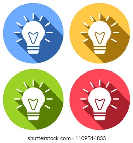 old bulb with light. simple single icon. Set of white icons with long shadow on blue, orange, green and red colored circles. Sticker style