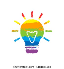 old bulb with light. simple single icon. Drawing sign with LGBT style, seven colors of rainbow (red, orange, yellow, green, blue, indigo, violet