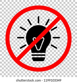 old bulb with light. simple single icon. Not allowed, black object in red warning sign with transparent background