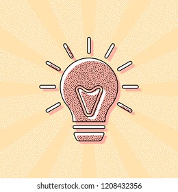 old bulb with light. simple single icon. Vintage retro typography with offset printing effect. Dots poster with comics pop art background