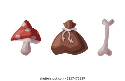 Old burlap sack, amanita poisonous mushroom and bone. Witchcraft attributes, halloween objects cartoon vector illustration