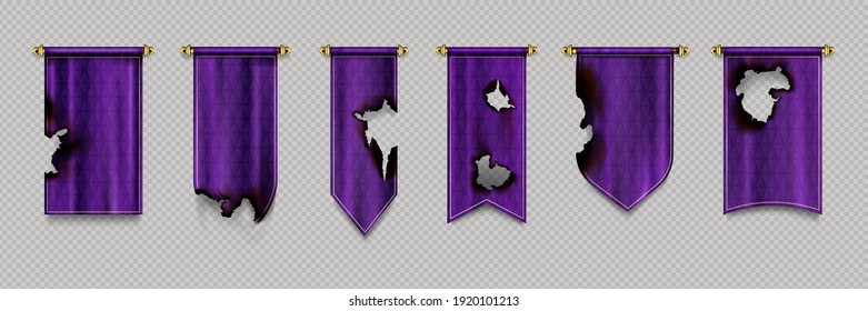 Old burn pennant flags mockup, purple blank hanging banners with gold border and burnt black holes. Medieval heraldic ensign templates. Realistic 3d vector icons set isolated on transparent background