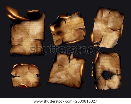 Old burnt paper. Burned parchment, vintage letter page ablaze fire burning sheet rough edge border realistic papers corner piece burn flame effect, set exact vector illustration original artwork