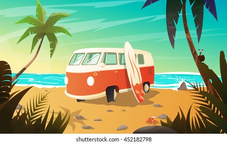 Old bus on the beach with surfboard. Summer vacation.Vector illustration
