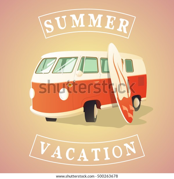 Old bus with surf board. Summer\
vacation.Vector\
illustration