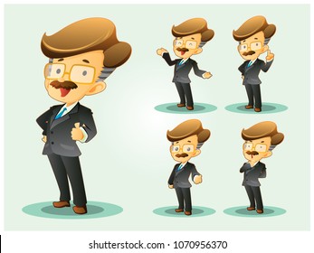 old business man cartoon mascot set