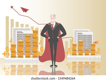 Old business man gray hair character and Gold coin on smart phone and Success graph with strategy board and Business growth idea with stock market concept and currency icon with rocket paper.