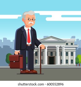 Old business man professor with suitcase standing in front of white brick court house, bank, university or governmental institution. Aged retired office worker. Flat style vector illustration.