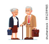 Old business man and woman standing together with their suitcases. Two aged grey haired office workers. Elderly people being retired. Flat style modern vector illustration isolated on white background